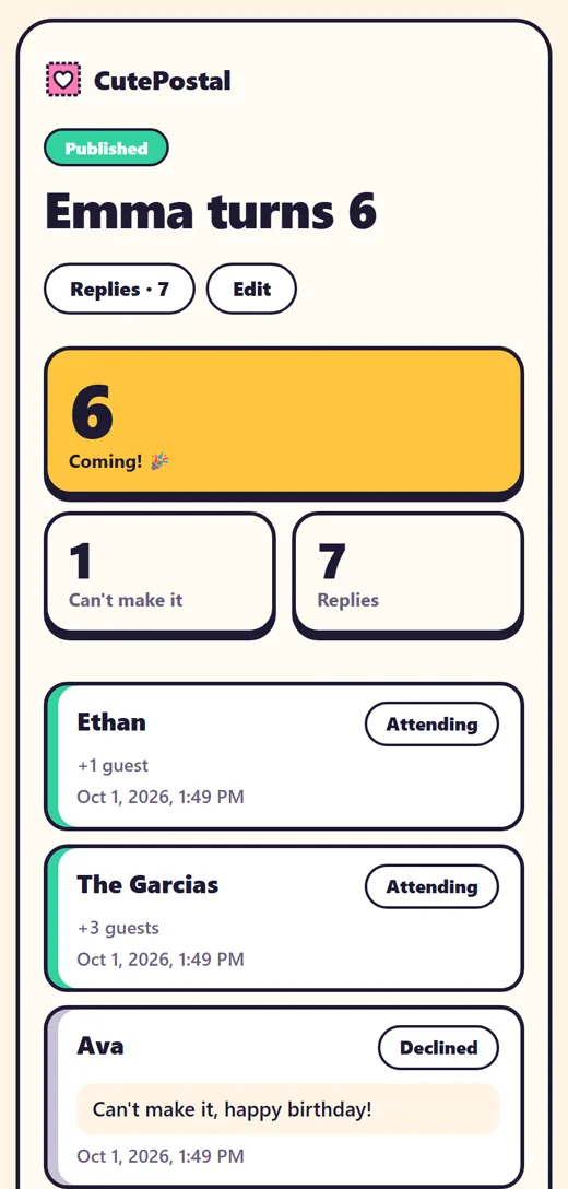 The host's dashboard with the guests' RSVPs